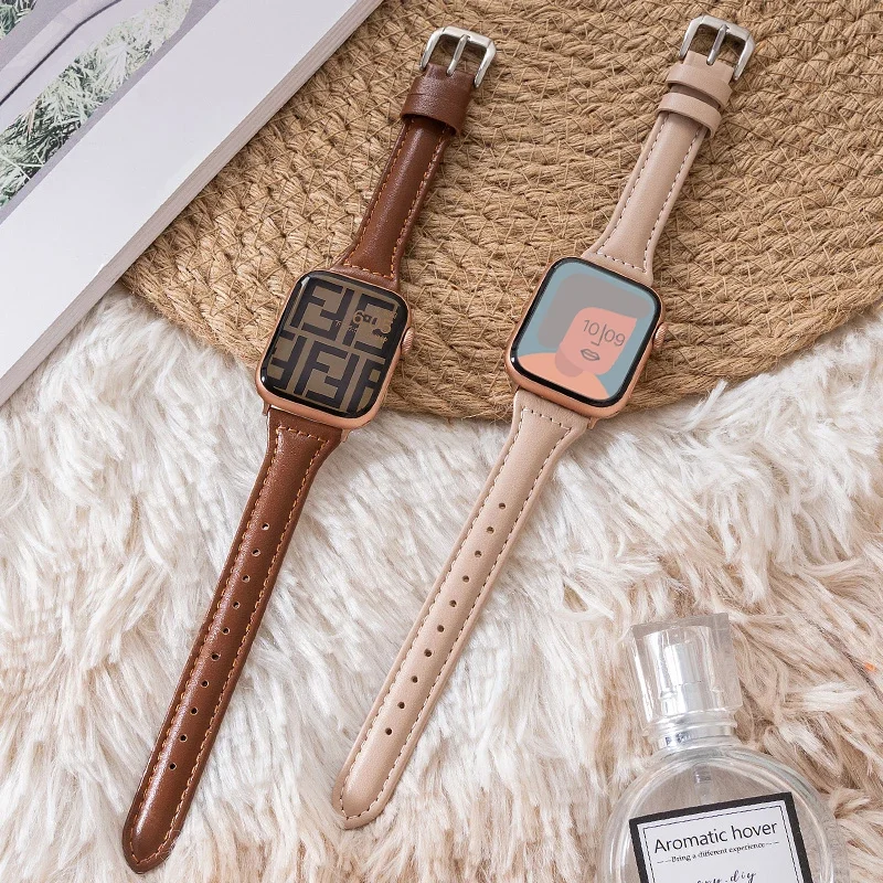Slim leather strap For Apple Watch Ultra2/1 49mm Series 9 8 7 41/45mm 38/42mm Wrist bracelet iWatch 7 SE 6 5 4 3 40mm/44mm Band