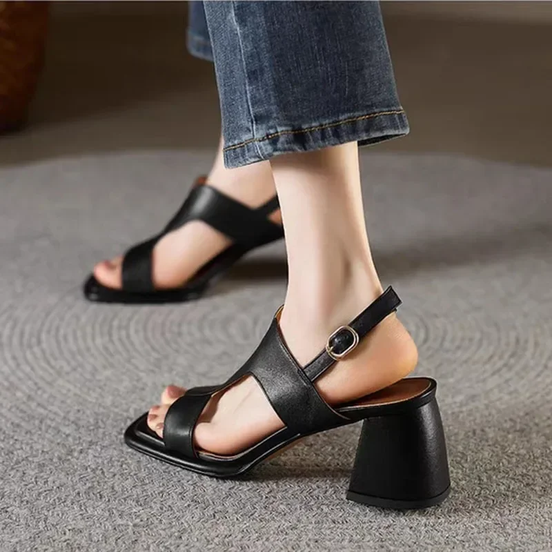 Sandały damskie 2024 Summer Thick Sole High Heels Ladies Sandal Shoes for Women Retro Open Toe Back Strap Sandalias De Mujer