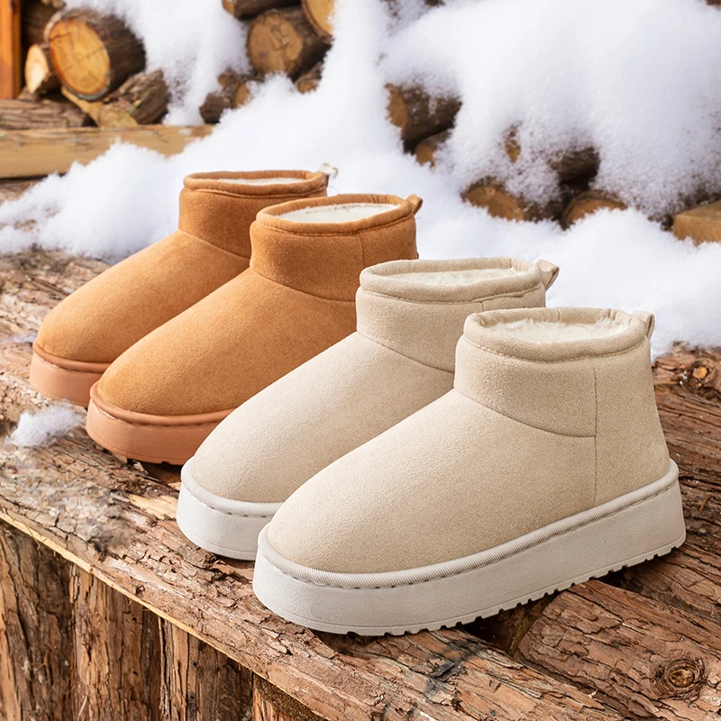 

Женские зимние ботинки из искусственной замши с толстой подошвой, тренд 2025, теплая утепленная плюшевая хлопковая обувь, женские нескользящие зимние ботильоны без шнуровки