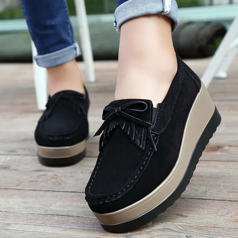 Jesień kobiety platformy buty skórzane zamszowe pluszowe wsuwane trampki chaussure femme frędzel mokasyny mokasyny damskie buty 445