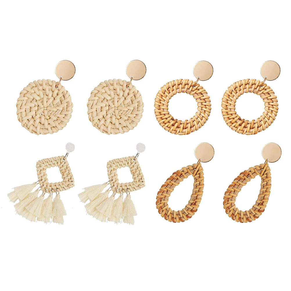 

4 Pairs Rattan Tassel Earrings Summer Wood Dangle Lightweight Comfortable Chic Design Everyday Occasion Prom Jewelry Women Girls