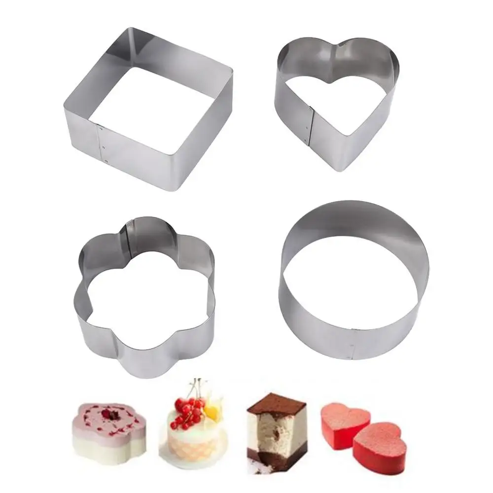 With Push Plate Mousse Ring Manual Hand Pressed Pancake Mould Stainless Steel Round Square Flower Heart Shape Cupcake Mold DIY