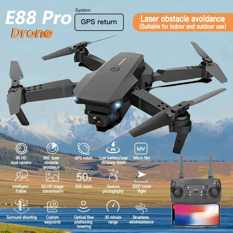 E88Pro Drone Professinal Dual Camera 4K Wide Angle Optical GPS Localization Four-way Obstacle Avoidance Aerial Optical Quadcopte