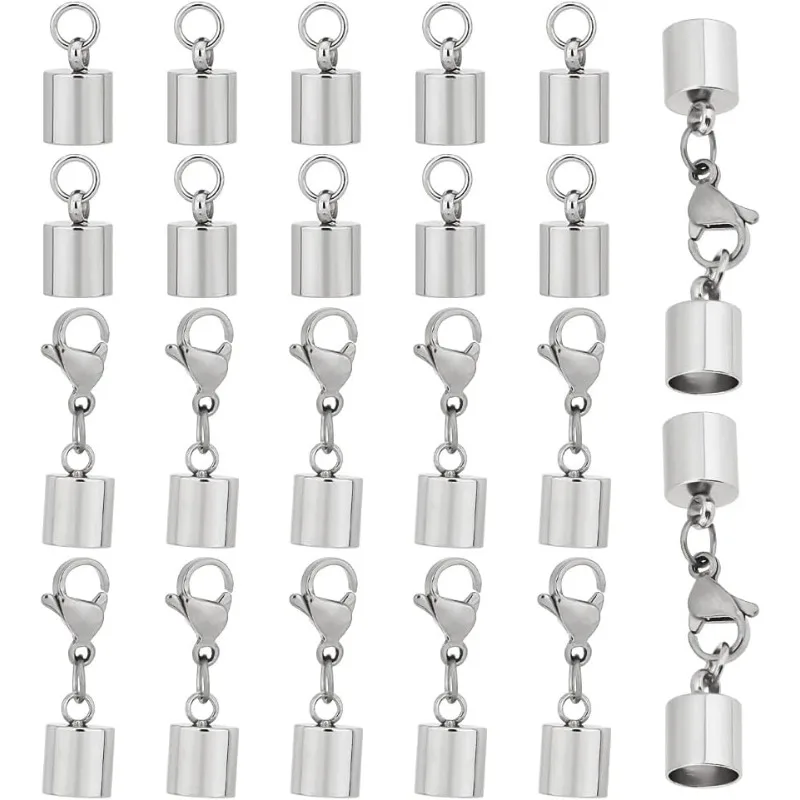 20pcs Stainless Steel Cord Ends Caps Connector with Jump Rings and Lobster Claw Clasps Leather Cord Ends Terminators Crimp