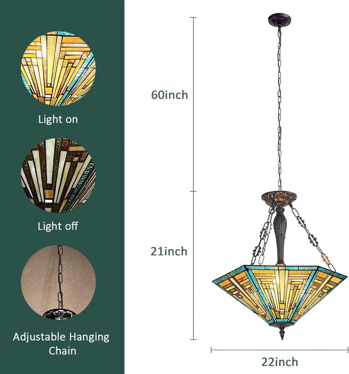 Hanger Verlichtingsarmaturen Gebrandschilderd Glas 22 "Brede Grote Hanglamp Voor Eetkamer 3 Lampjes Antieke Stijl Verlichting