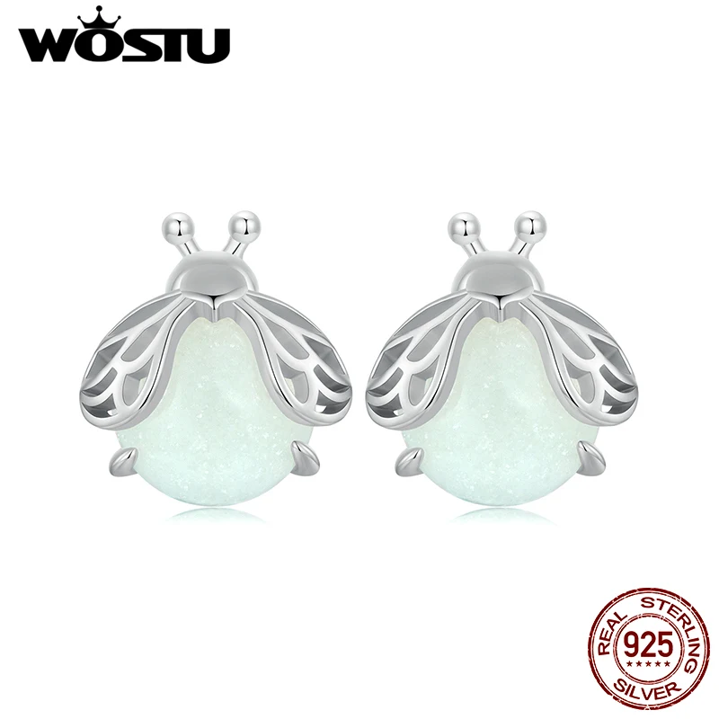 WOSTU Small 925 Sterling Silver Firefly Stud Earrings For Women Luminous Stone Glow Insest Ear Clips pendientes Girl Party Gift