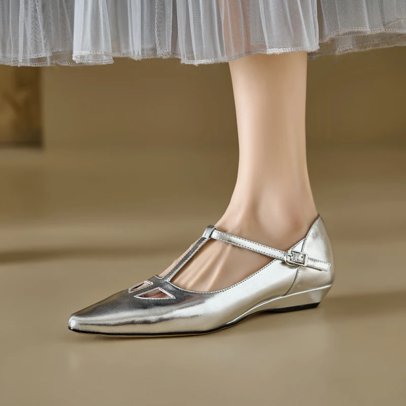 

2025 New Spring Women Pumps Shoes for Women Pointed Toe Wedges Mary Janes Women Shoes Golden Ladies Shoes Sliver