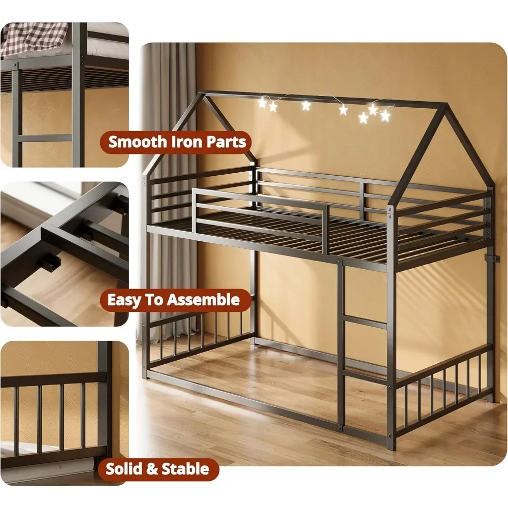 Bunk Beds Twin Over Twin, House Bunk Bed Frame with Ladder and Guardrail, House Shaped with Metal Slats Bunk Beds for Kids