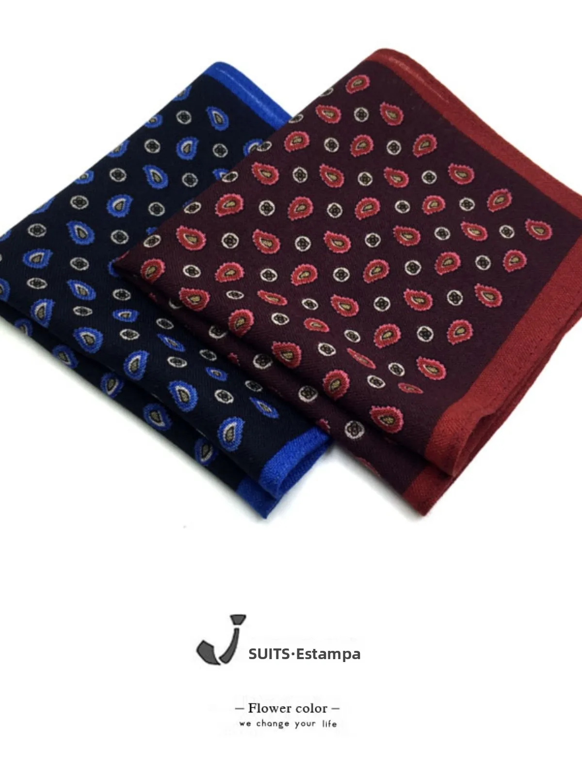 リネンウールポケットスクエアスカーフ青赤花柄ネクタイメンズスーツカジュアルスタイルファッションアクセサリー