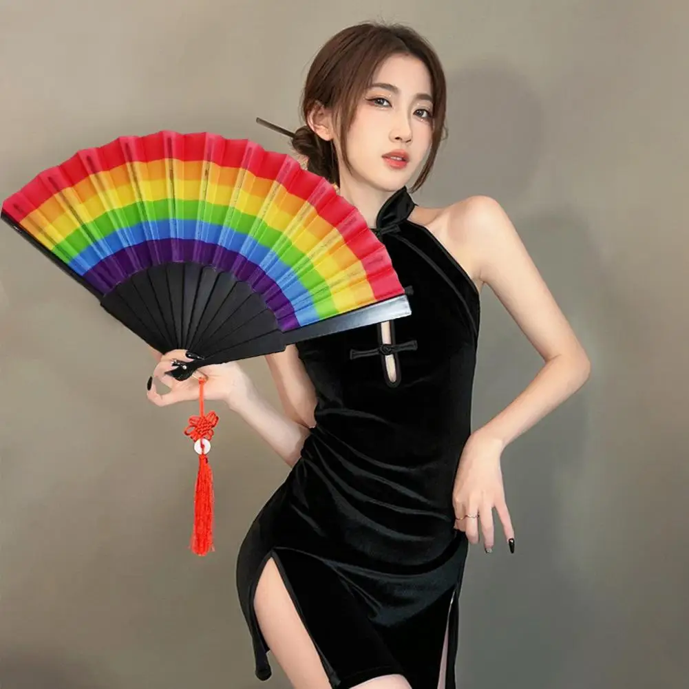 Rainbow Folding Fan Large Folding Hand Rave Fan Chinease Gradient Colorful Handheld Fan Party Decoration Dance Fans Hand Fans