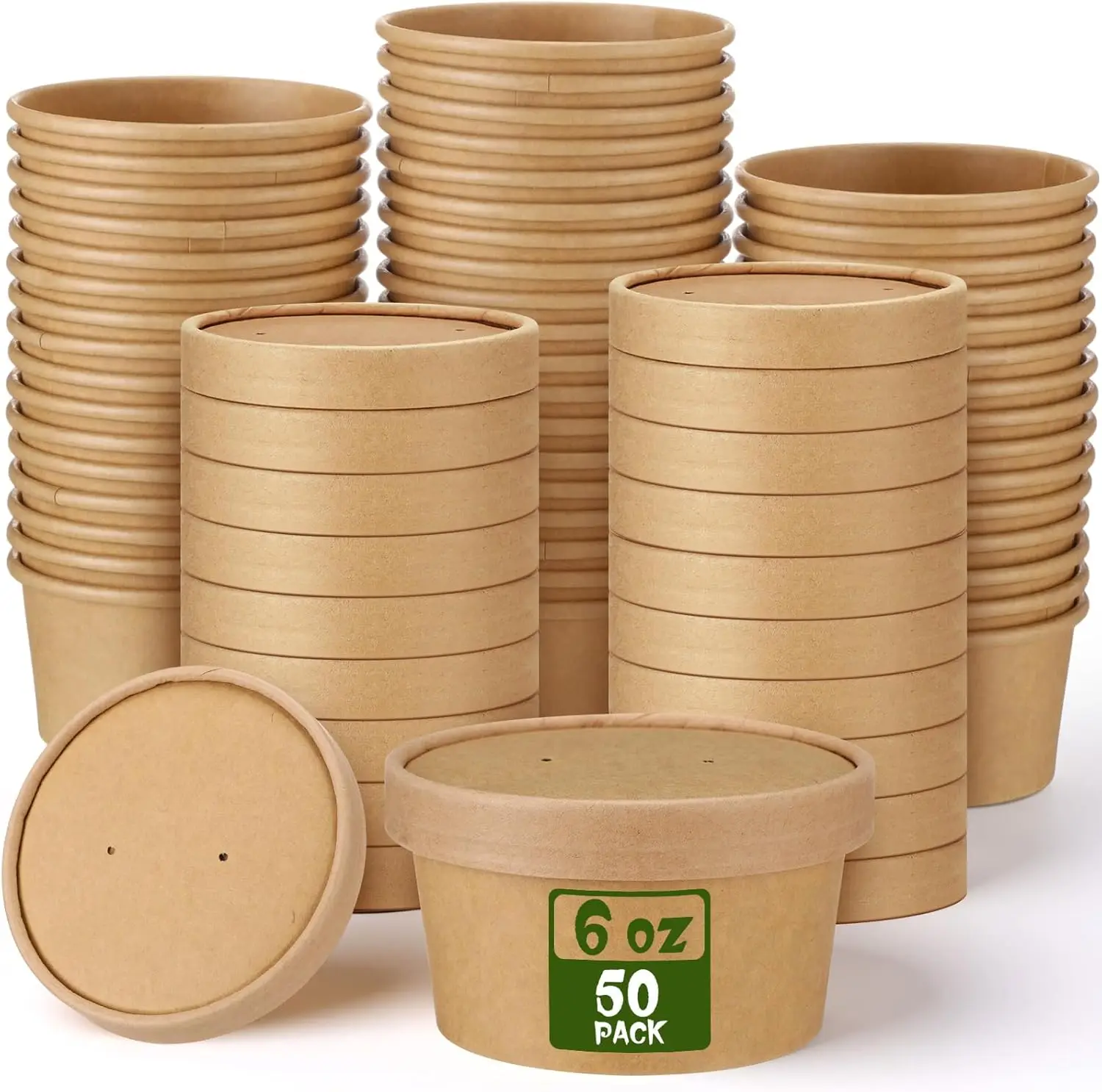 

50 Pack 6 oz Paper Soup Containers with Lids, Disposable Kraft Paper Soup Cups Ice Cream Bowls Food Storage with Lids, M