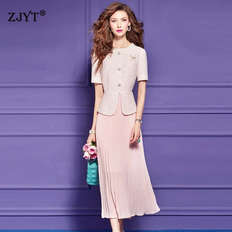 

ZJYT Elegant Chic Women's Pearls O Neck Midi Pleated Dress Summer 2025 New Short Sleeve Plus Size Pink Casual Daily Party Dress