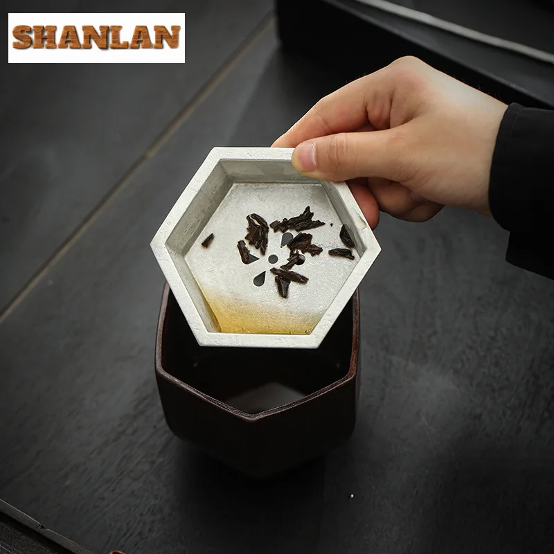 300ml Handamde Tin Covered Ceramic Tea Wash Basin Hexagonal Silent Color Pot Bearing Holder Small Tea Residue Separation Tank view 5