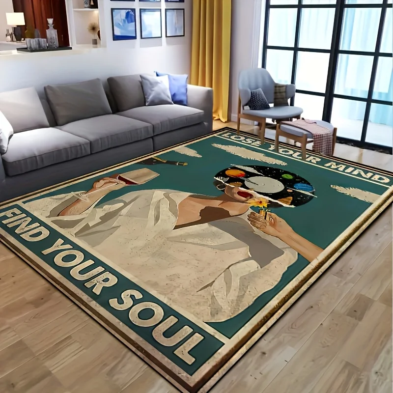 VIKAMA Find Your Soul Inspirational Woman Area Rug,Non‑Slip Mat,Retro Figure Quote Print Carpet Living Room Bedroom Home Decor