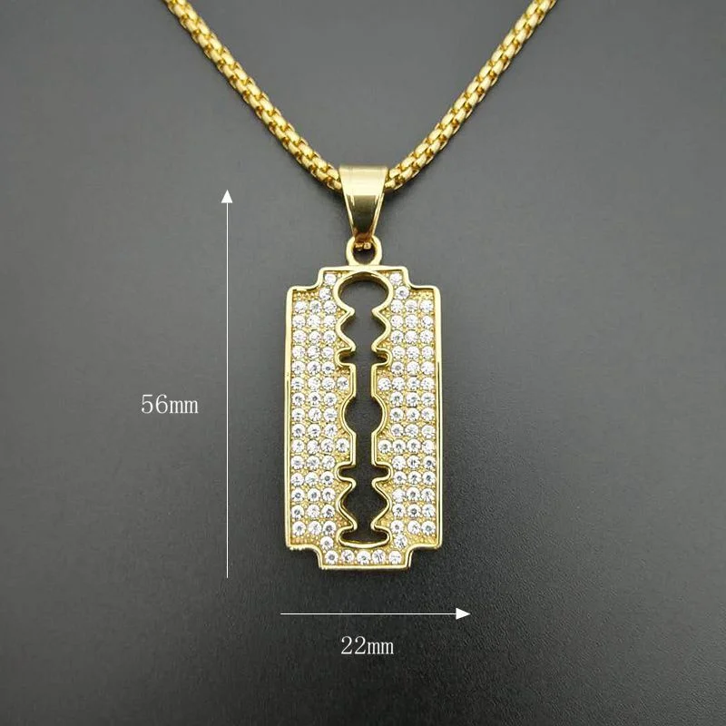 Trendy Titanium Steel Gold Plated Rhinestones Blade Pendant Necklace Creative Personality Men\'s Hip Hop Fashion Jewelry