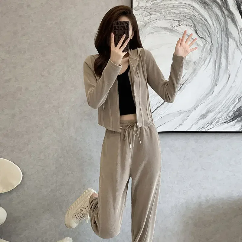 Women\'s Pants Two Piece Set Tracksuit Sport Slim Fit Hooded Camel Ladies Trouser Sweatshirt Fashion Clothing 2024 New Matching D