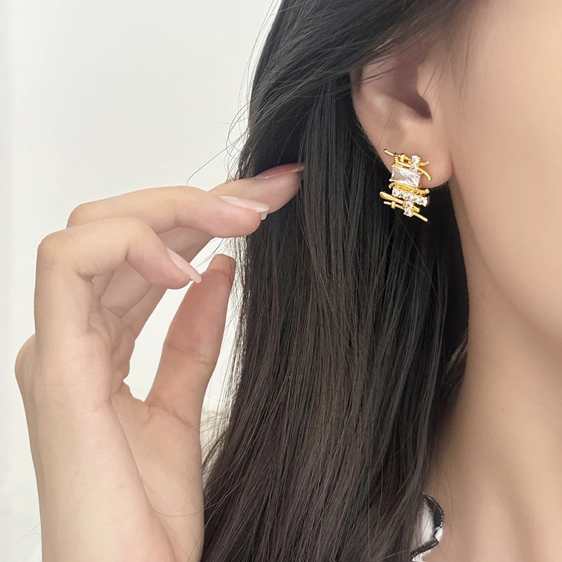 

Real 925 Sterling Silver 18K Gold Zircon Weaving Sensation Stud Earrings for Women Trendy Fine Jewelry Geometric Accessories
