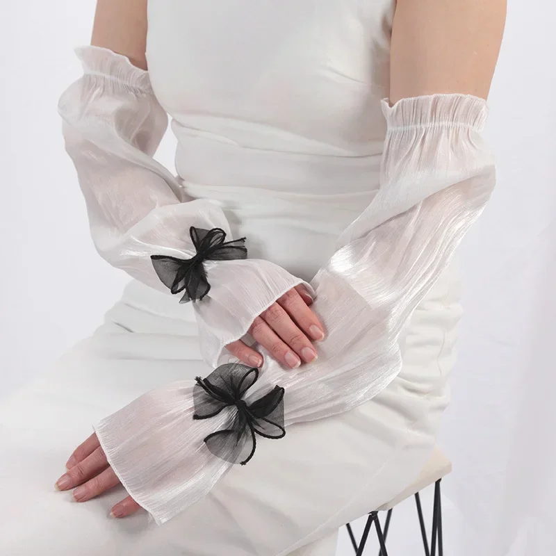 

Fashion Summer Women Sun Protection Sleeves Ruffles Elegant Silk Lace UV Thin Sleeves Bow-knot Cycling Driving Arm Sleeves