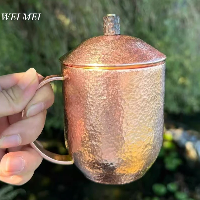 

Vintage Copper Coffee Mug,With lid Thickened 250 ml Breakfast Cup,Handcrafted Woven Handle Hammer Texture Home Tea Cup Tableware