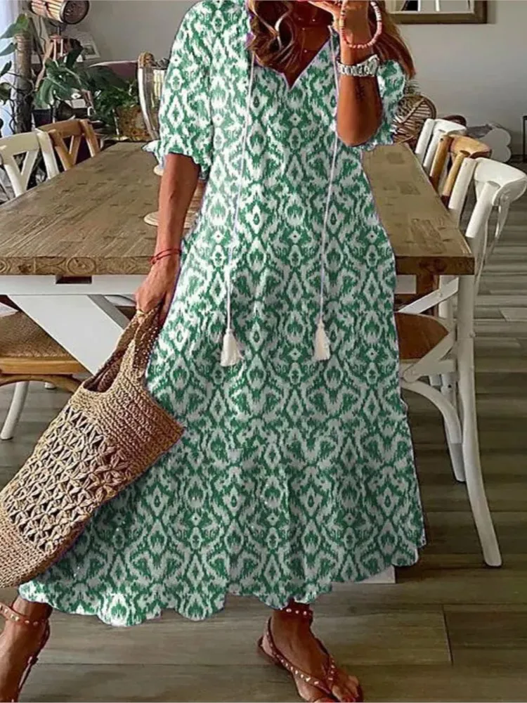 Elegant Boho Floral Print Beach Long Dresses For Women Fashion RufflesV-neck Short Sleeve Casual Sweet Loose Maxi Dress