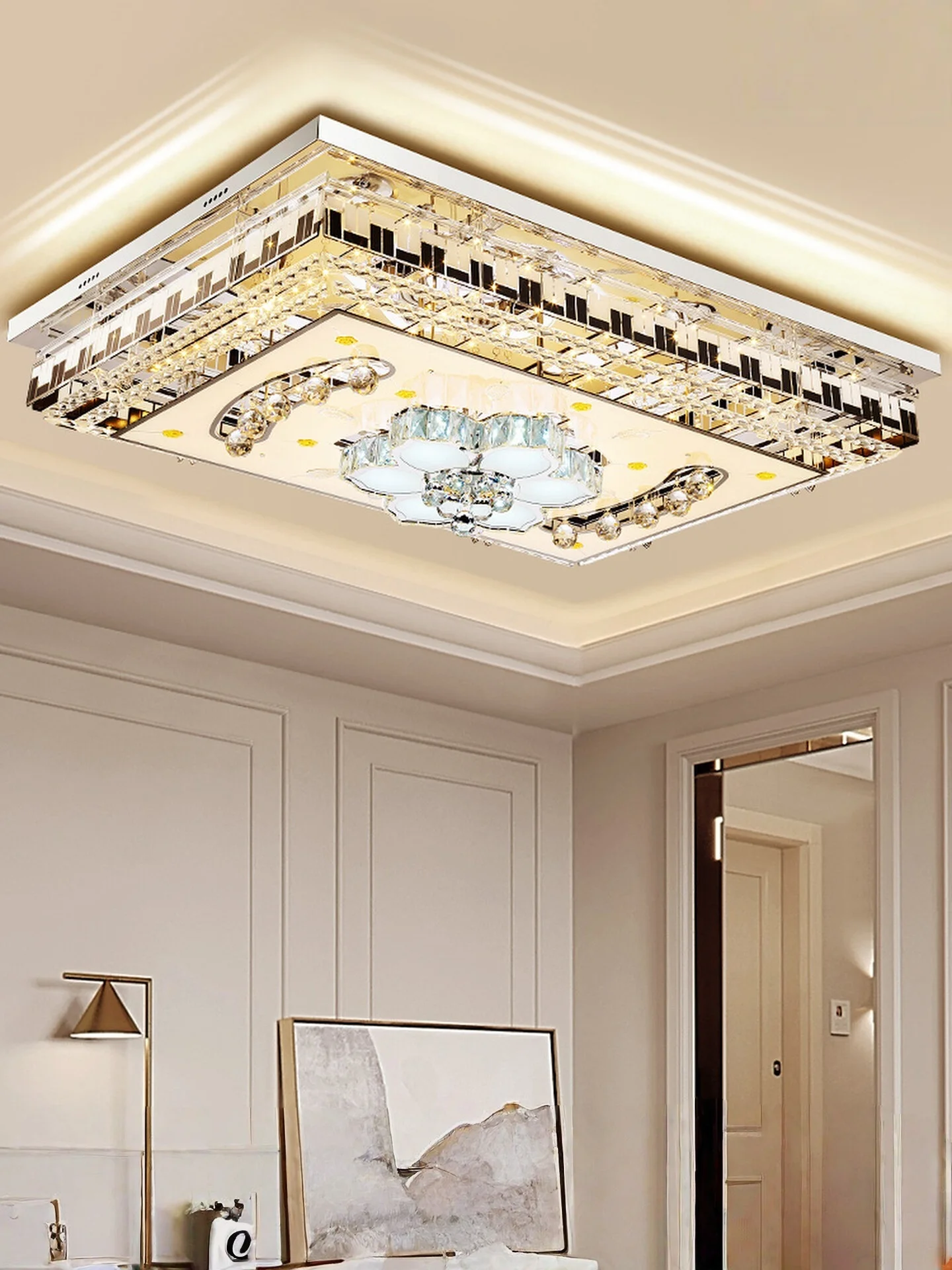 Light Luxury Rectangular Led Crystal Ceiling Light For Home Decoration Villa Living Room Bedroom Adjustable Lighting Fixtures