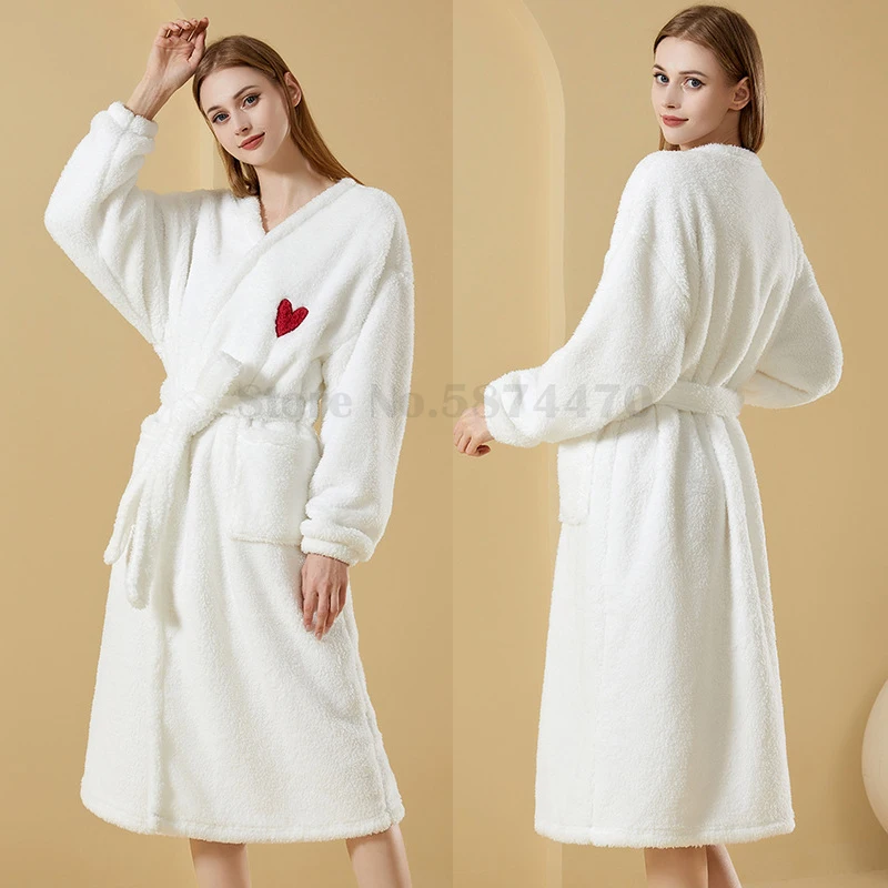 

Winter Thickened Coral Plush Bathrobe Sweet Love Warm Long Robe Women's Loose Relaxed Nightgown White Flannel Sleepwear Homewear