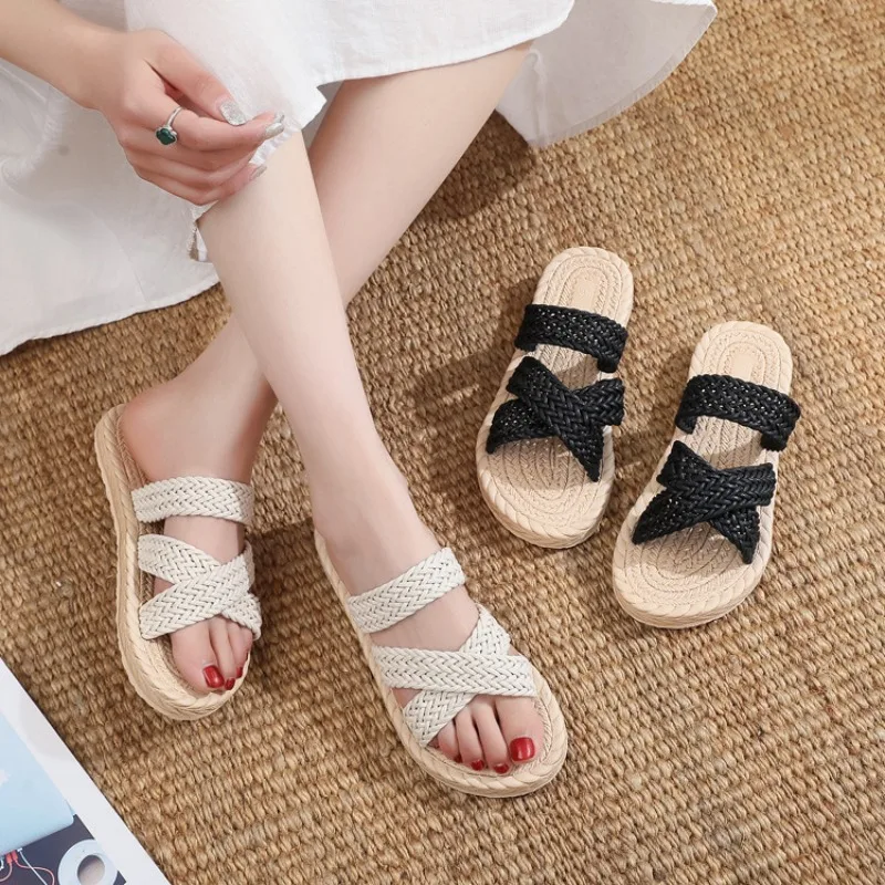 Summer Cross Strap Women's Slippers Anti Slip Wear-resistant Flat Beach Slippers Outdoor Braided Linen Shoes Women's Sandals