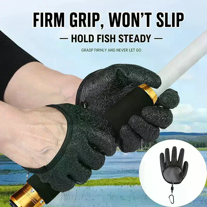 Quick Wear Fishing Gloves Waterproof Anti Slip Puncture Resistant With Carabiner For Fishing Hiking Kayaking