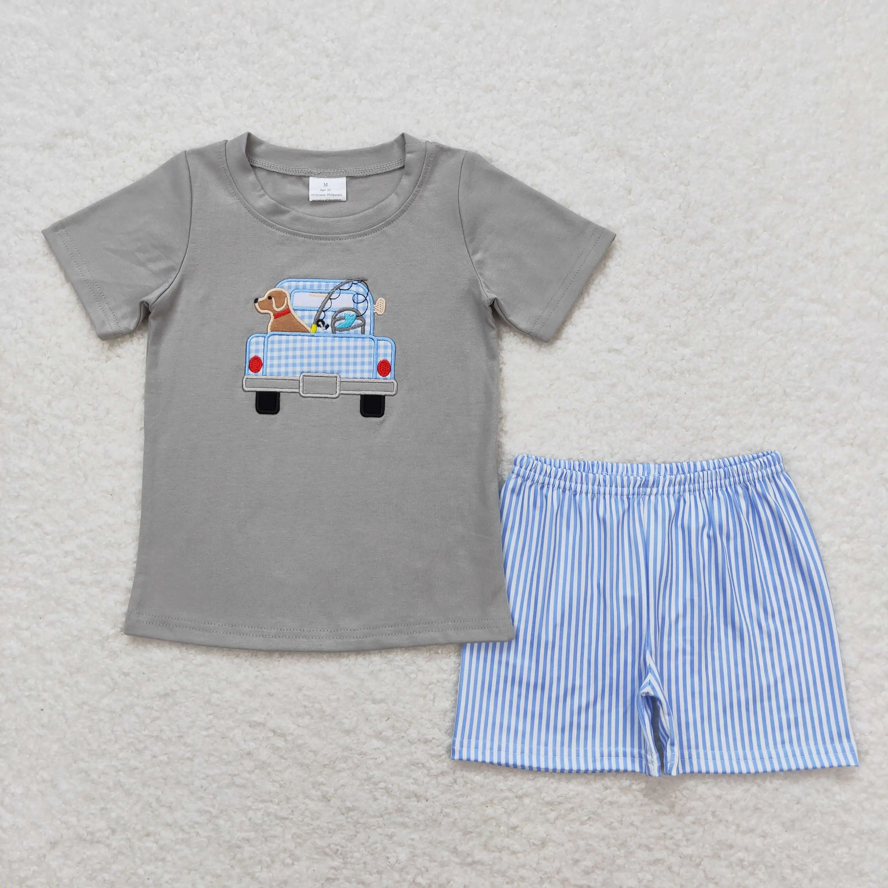 wholesale hot sale western boutique baby boys clothes Embroidered fishing puppy truck grey short sleeve blue striped shorts sets