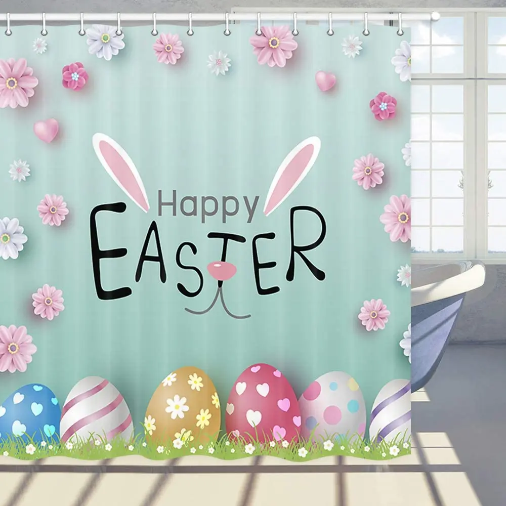 

Happy Easter Shower Curtain Ears Bunny Colorful Eggs Grass Flowers Nature Background Polyester Fabric Bath Curtains with Hooks
