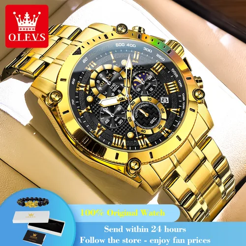 OLEVS 3689 reloj para hombre, reloj de cuarzo de lujo a escala romana para hombre, esfera grande, fase lunar, fecha, reloj de pulsera luminoso resistente al agua para hombre