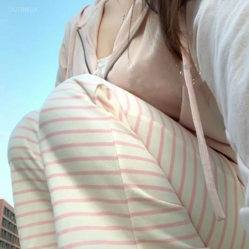 Y2k Sweet Pink Striped Casual Pants For Women Summer Harajuku Straight Trousers 2026 New High Waist Loose Wide Leg Pants