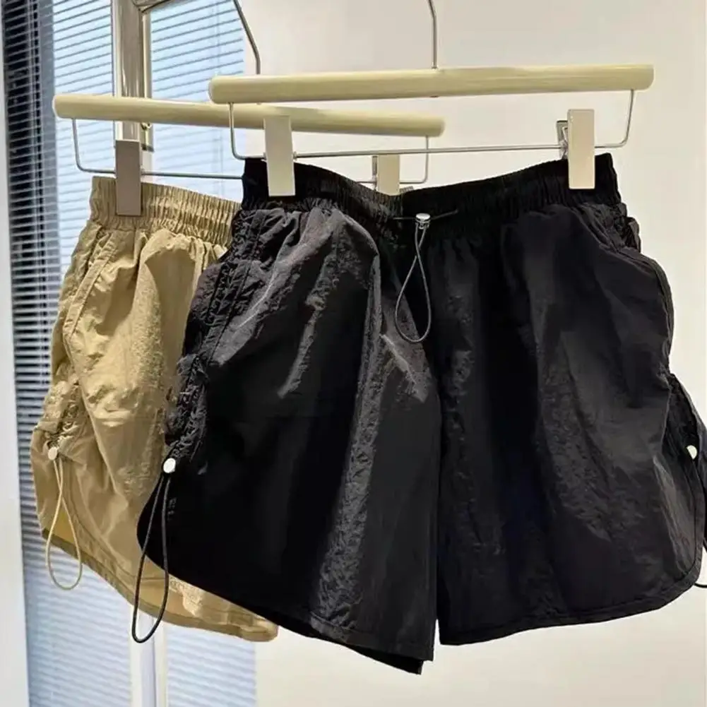 Shorts de cordão elástico feminino, shorts de cintura alta, cordão ajustável, vários bolsos para secagem rápida