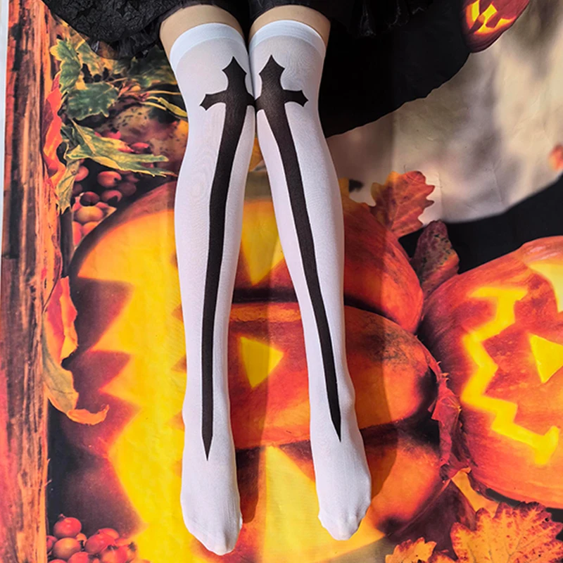 Chaussettes d'Halloween amusantes pour femmes, chaussettes hautes croisées, adaptées au cosplay, chaussettes de fête, chaussettes au-dessus du genou, chaussettes d'infirmière, chaussettes de nonne, 1 paire