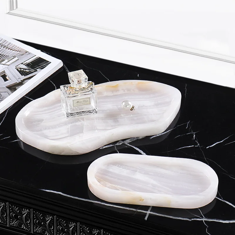 White Onyx Natural Marble Tray for Perfume Scented Candles Decorative Luxury Stone Tray for Jewelry