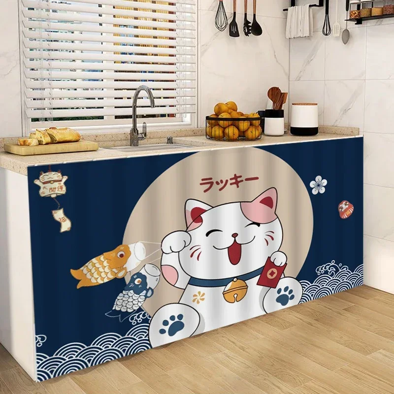Cortina de cocina de gato de la suerte, medias cortinas a prueba de polvo, cubierta de armario, decoración del hogar de estilo japonés