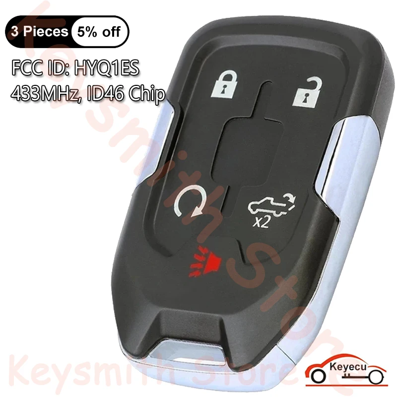 KEYECU 5 Buttons 433MHz ID46 Chip for Chevrolet Silverado for GMC Sierra 2021 2022 Auto Smart Remote Control Key Fob FCC: HYQ1ES