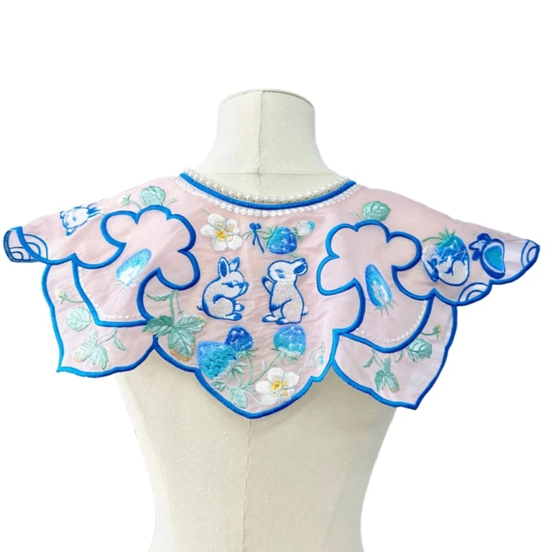 Colar Hanfu Antigo Pérolas Falsas Yunjian Bordado Colar Renda Hanfu Xale