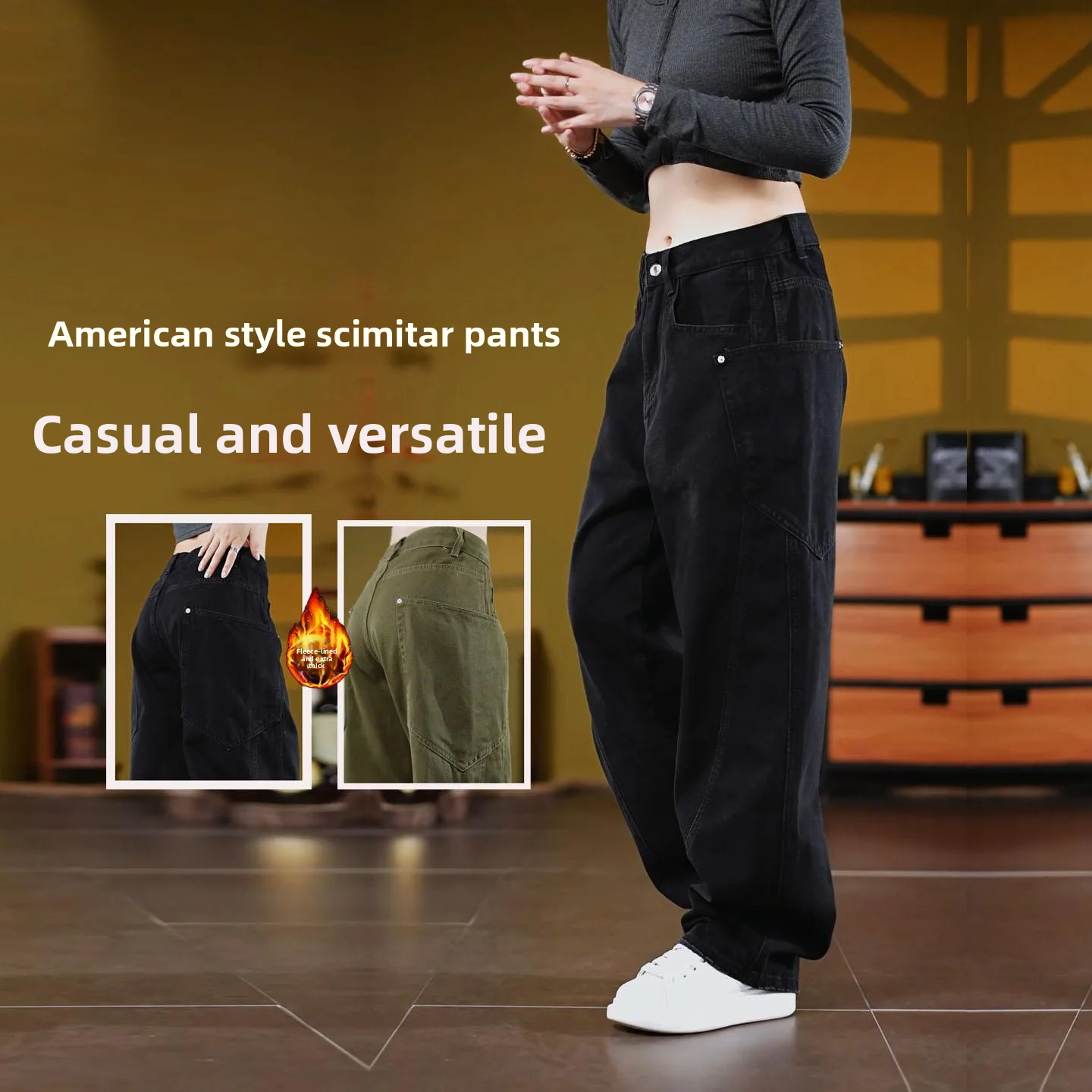 

American Style Loose Straight Leg Black Jeans Men's Retro Wash High End Casual Long Pants Big Pocket Knife Pants