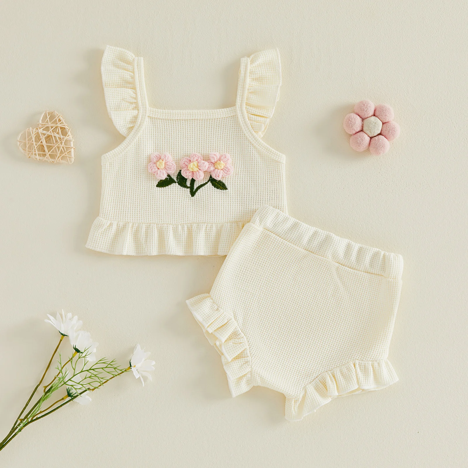 Toddler Girl Summer Waffle Outfits 3D Flower Ruffles Hem Fly Sleeve Tops Elastic Waist Shorts 2Pcs Clothes Set