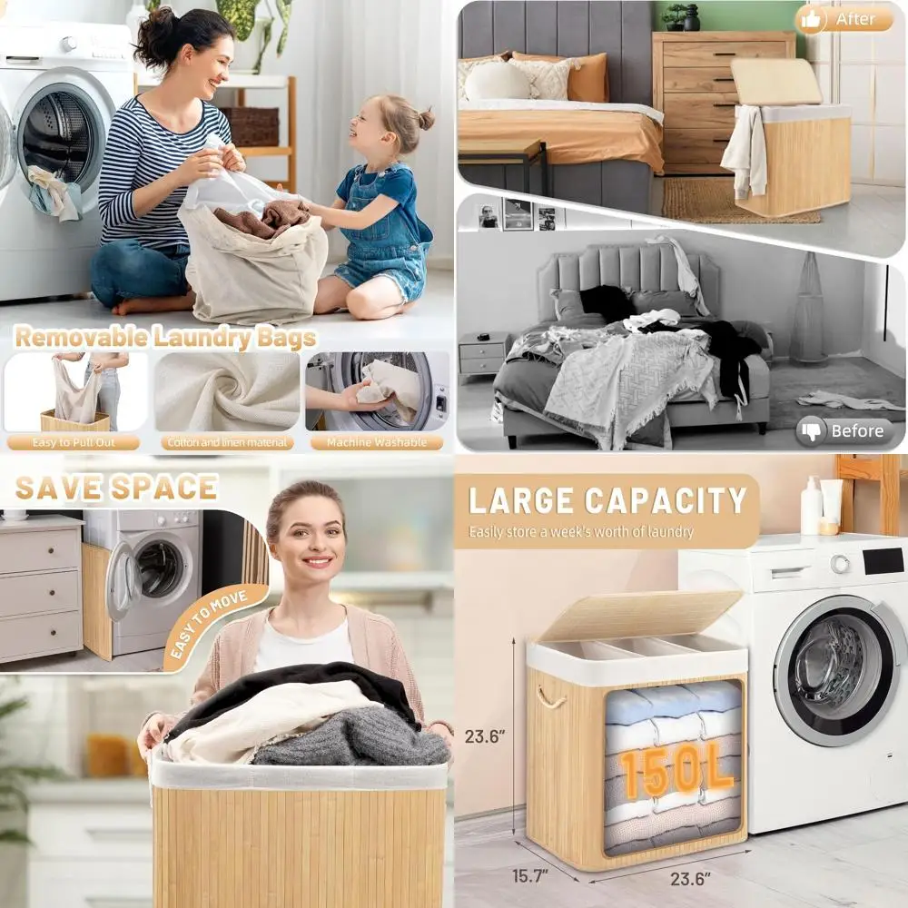 

Large 150L Collapsible Bamboo Laundry Hamper with Lid and 3-Section Design for Bedroom, Bathroom, Dorm - Natural Beige