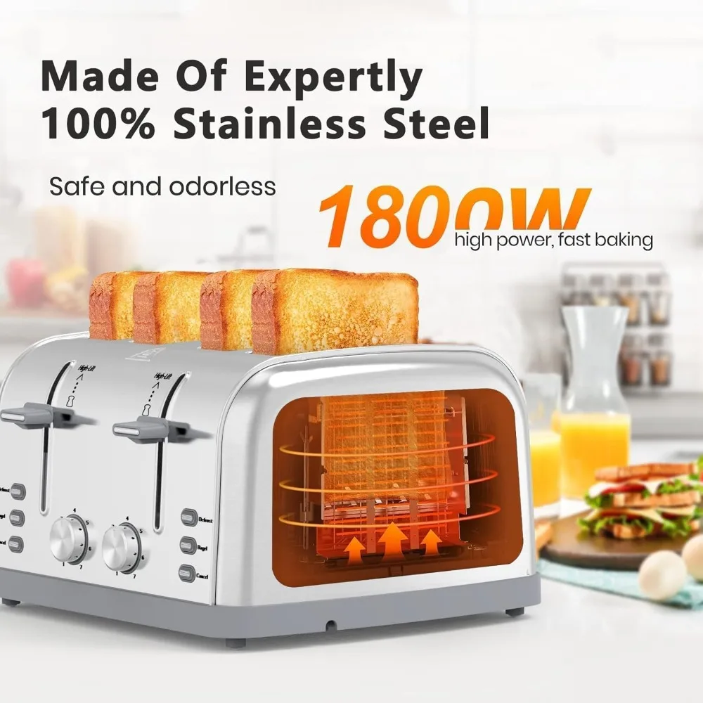 

Toaster 4 Slice Retro Stainless Steel, 4 Slice Toaster Wide Solt with 7 Shade Settings, Perfect for Waffles, Bagels and More