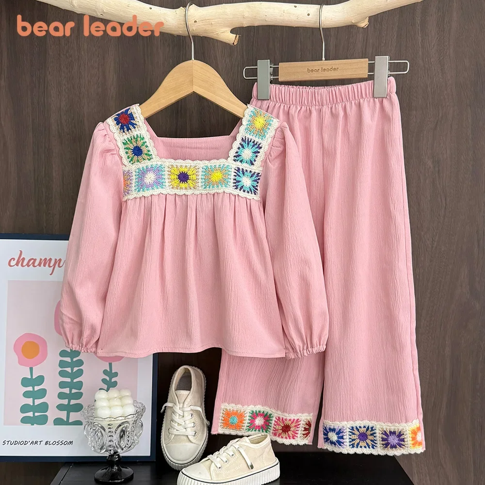 Bear Leader Spring Autumn Kids Outfits Knitted Flower Embroidery Lace Patchwork Girls Suit Long Sleeved T-shirt Tops+Pants 2Pc