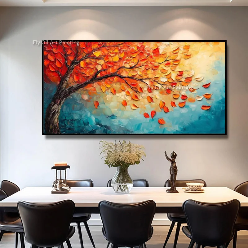 New Special Artwork Blue Yellow Red Tree View Canvas Wall Art Abstract Hand Painted Mountain Landscape Thick Oil Painting Decor