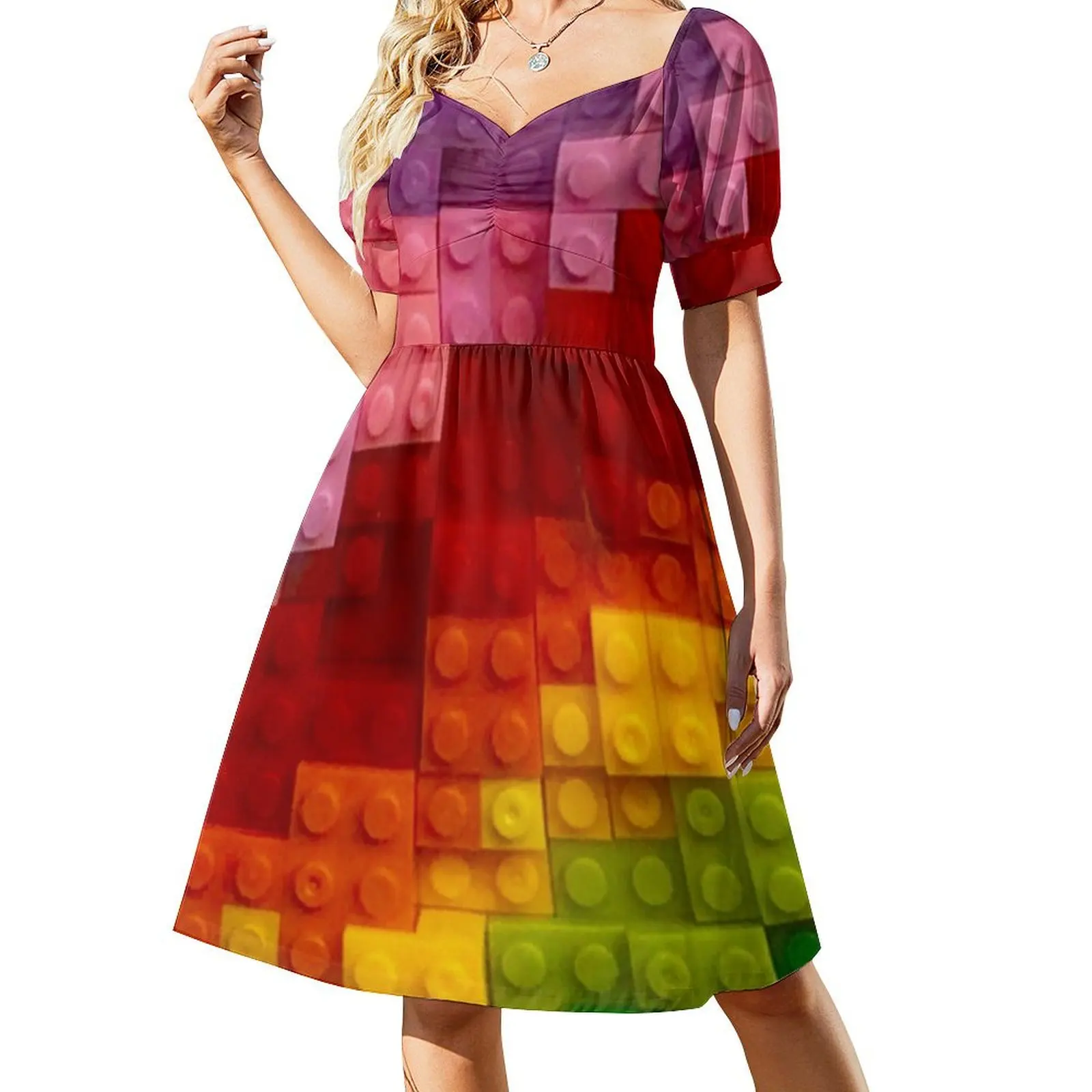 Building block style rainbow colours Short Sleeved Dress women formal occasion dresses dress korean style Dress