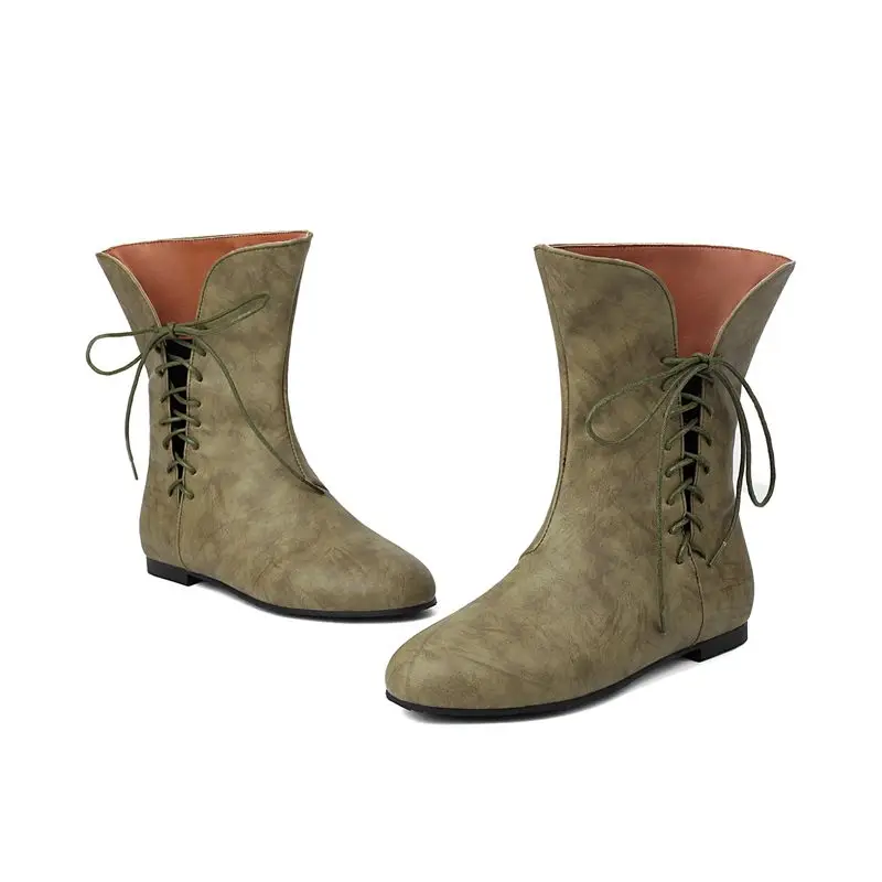 

ORCHA LISA Shoes Women Women's Mid Calf Boots Round Toe Flats Lace Up Slip On Wide Leg Size 45 48 Vintage Daily Booties Fashion