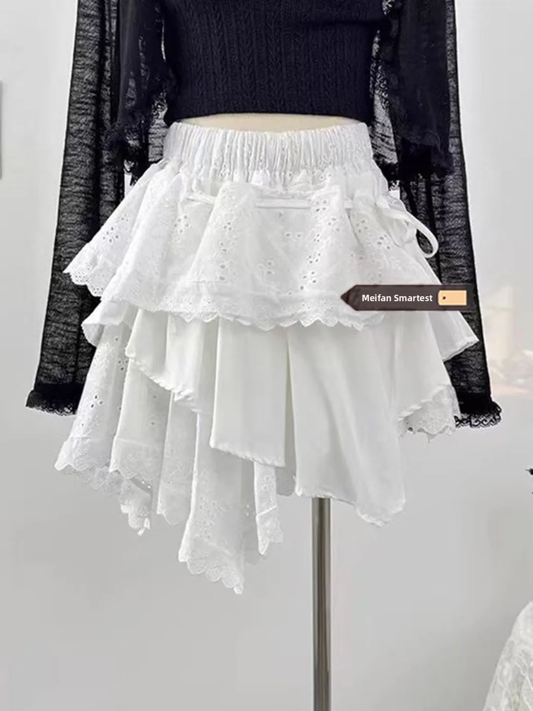 Ballet Style White Cake Skirt Half-length Women's Summer Spicy Pure Desire Hollow out Belted Asymmetrical Puffy Short Skirt