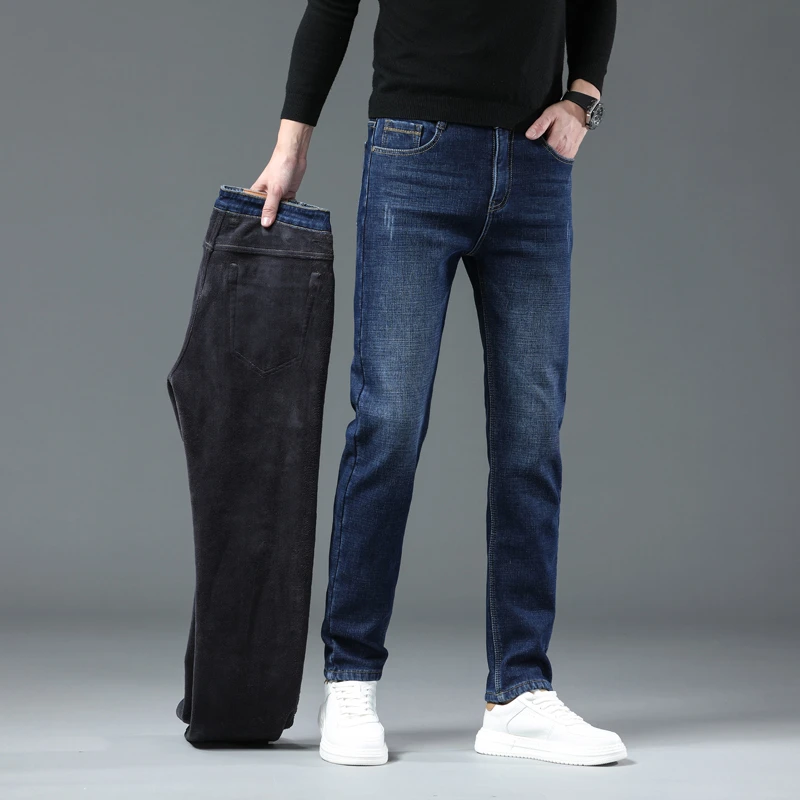 New Winter Men Fleece Warm Jeans Classic Style Business Casual Thicken Velvet Slim Denim Pants Brand Trousers Male Size 28-42