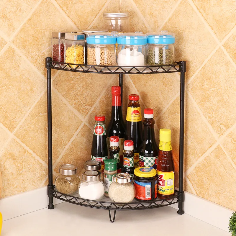 Kitchen Corner Rack Floor Multi-functional Storage Triangle Seasoning Rack Three-layer Adjustable Fan-shaped Seasoning Rack