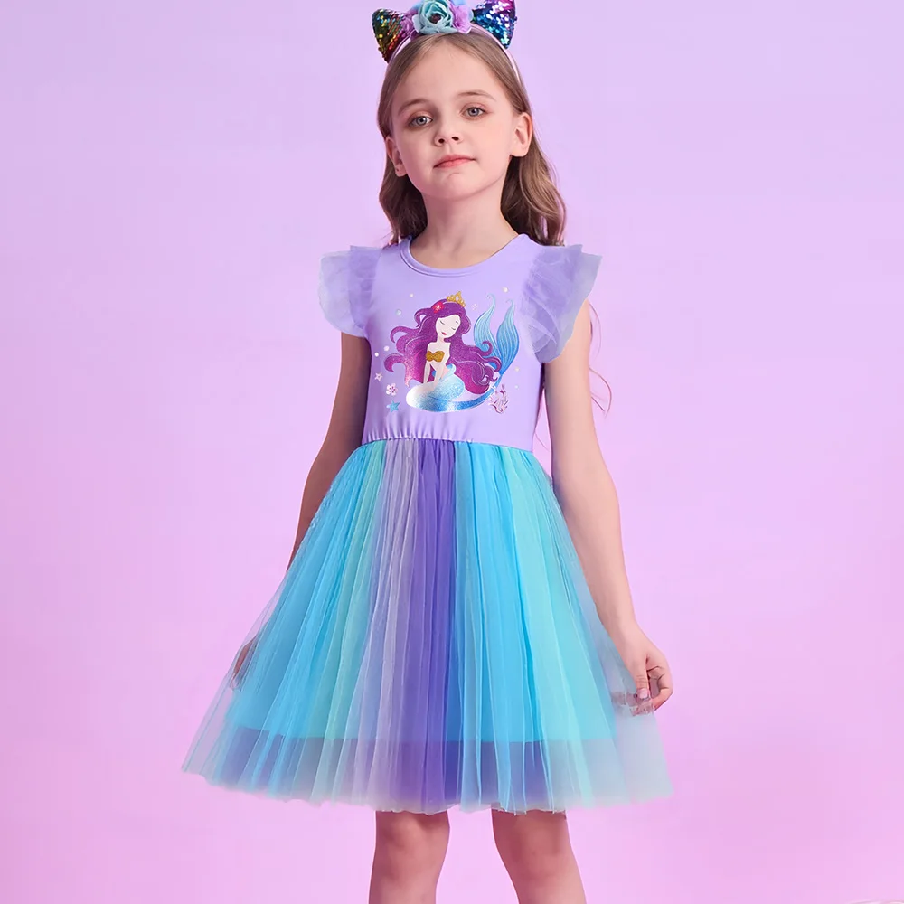 VIKITA Kinder Lila Meerjungfrau Cartoon Kleid Mädchen Trompetenärmel Prinzessin Mesh Tüll Geburtstag Party Schule Freizeitkleider Kinderkleidung – Detail 2